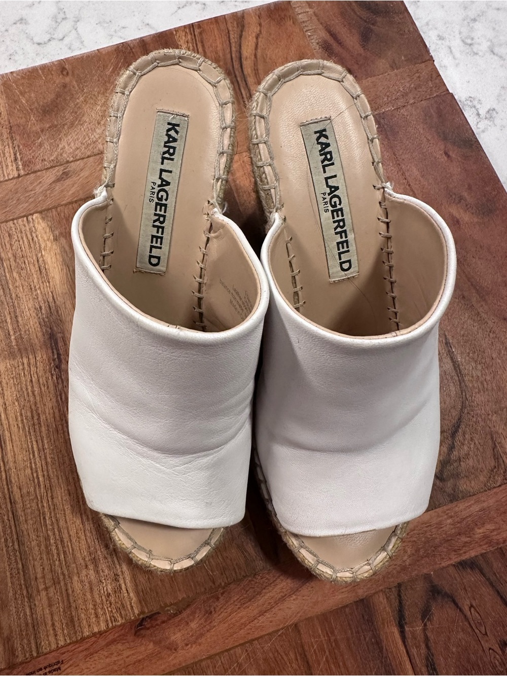 Karl Lagerfeld Cream Leather Open-Toe Espadrille Mules